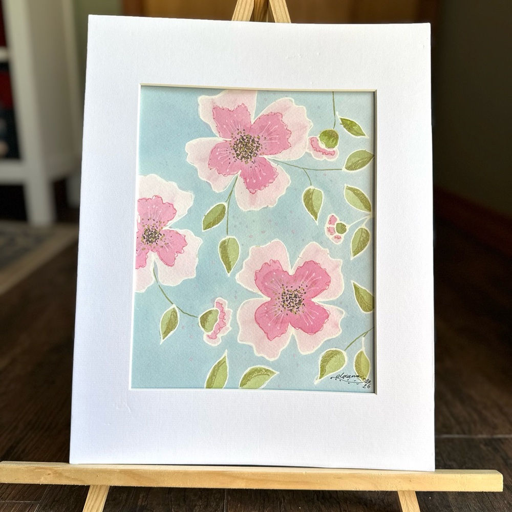 Hand-Made New Watercolor Art Pink Flowers